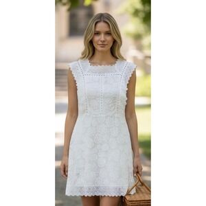 Bolaiya White Lace Eyelet Mini Dress Square Neck Ruffle Sleeve Womens Medium